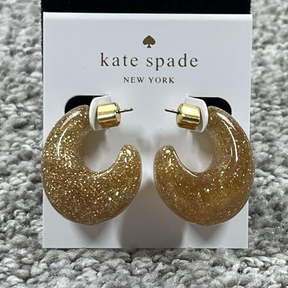 Kate Spade New York Shore Thing Earrings Gold Glitter Moon Hoop Women Jewelry